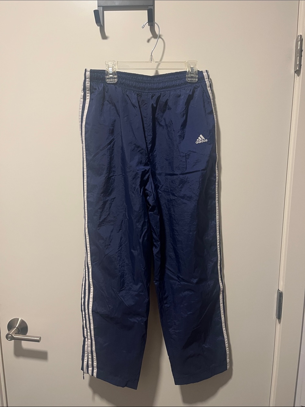 adidas Navy Blue Windbreaker Track Pants with White Stripes